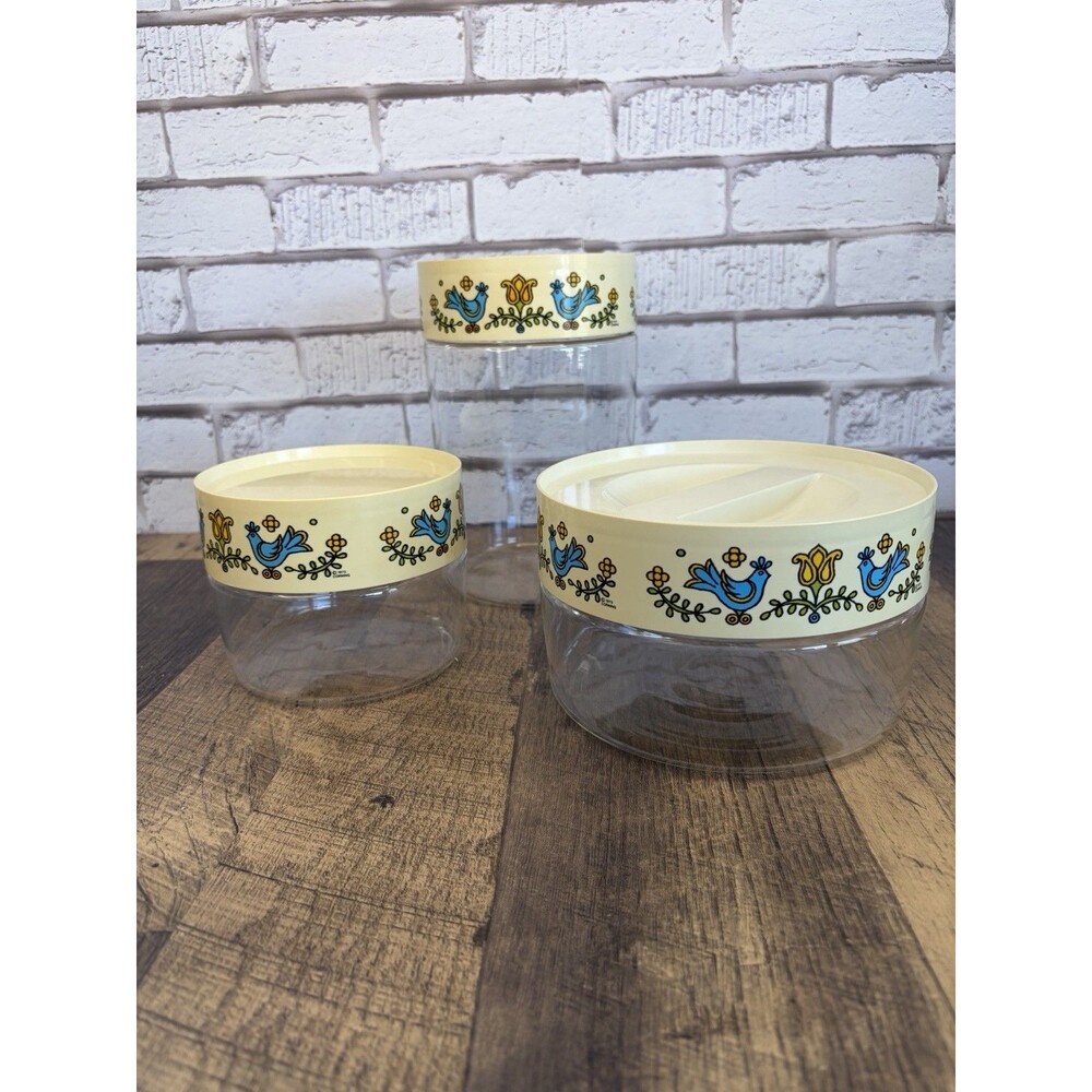 1975 Pyrex Country Festival Canister Set Blue Bird See 'N' Store Pyrex Glass